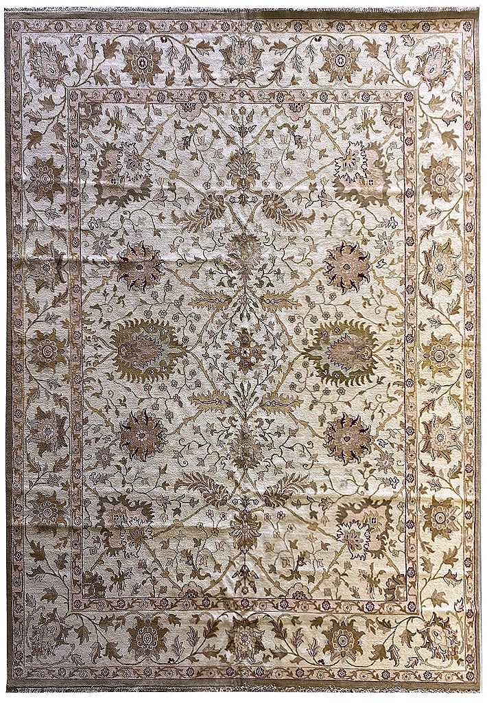 Handcrafted 12' x 15'4" Ivory Oushak Mahal Wool Area Rug: Handcrafted 12' x 15'4" Ivory Oushak Mahal Wool Area Rug Free continental US Shipping Enhance your home decor with the exquisite 12' x 15' 4" Ivory Oushak Mahal New Wool Rug. This handmade area rug fe