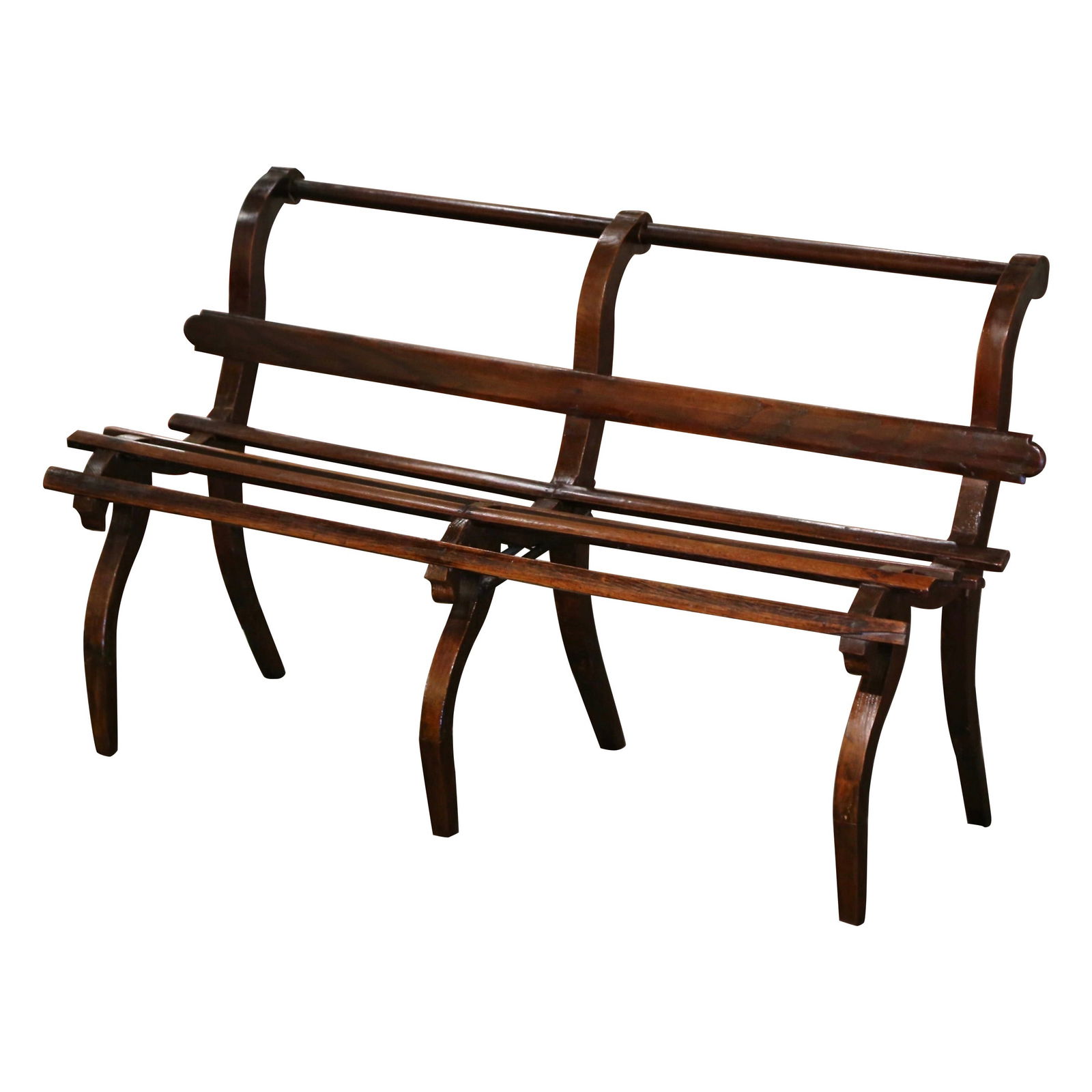Antique 19th Century French Carved Oak Slat Bench with Curved Legs: Antique 19th Century French Carved Oak Slat Bench with Curved Legs Crafted in France circa 1880, this 19th Century French Carved Oak Slat-Back Bench embodies rustic elegance with its solid oak constru