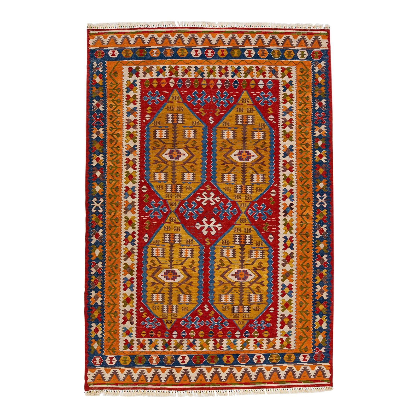 Vibrant Multicolor Modern Kilim Wool Rug 6'11 x 10'4: Vibrant Multicolor Modern Kilim Wool Rug 6'11 x 10'4 This stunning contemporary Kilim rug features a vibrant geometric motif set against a rich red background. The intricate design showcases an array