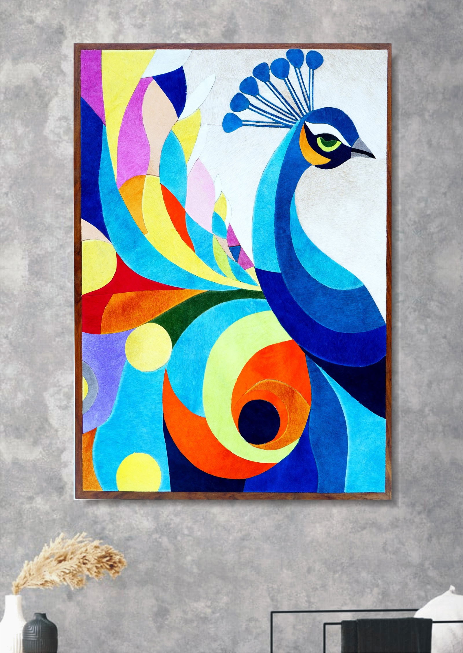 Handcrafted Abstract Peacock Wall Art Multi Color Genuine Cowhide Mosaic: Handcrafted Abstract Peacock Wall Art Multi Color Genuine Cowhide Mosaic Free continental US Shipping This handcrafted wall art features an abstract peacock design, meticulously assembled from precisi