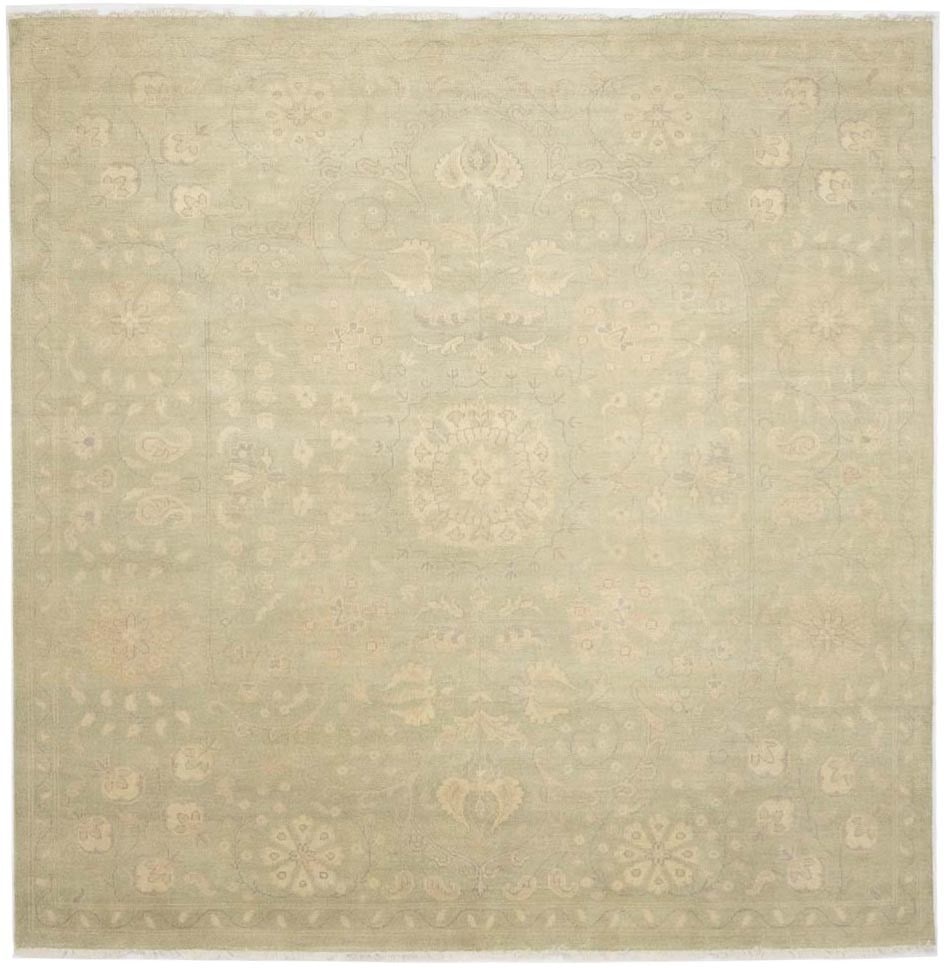 Hand-Knotted Wool Transitional 9'11 x 10'0 Floral Area Rug in Muted Green: Hand-Knotted Wool Transitional 9'11 x 10'0 Floral Area Rug in Muted Green This transitional Oriental area rug features a muted light green floral pattern, offering a modern design suitable for bedroom