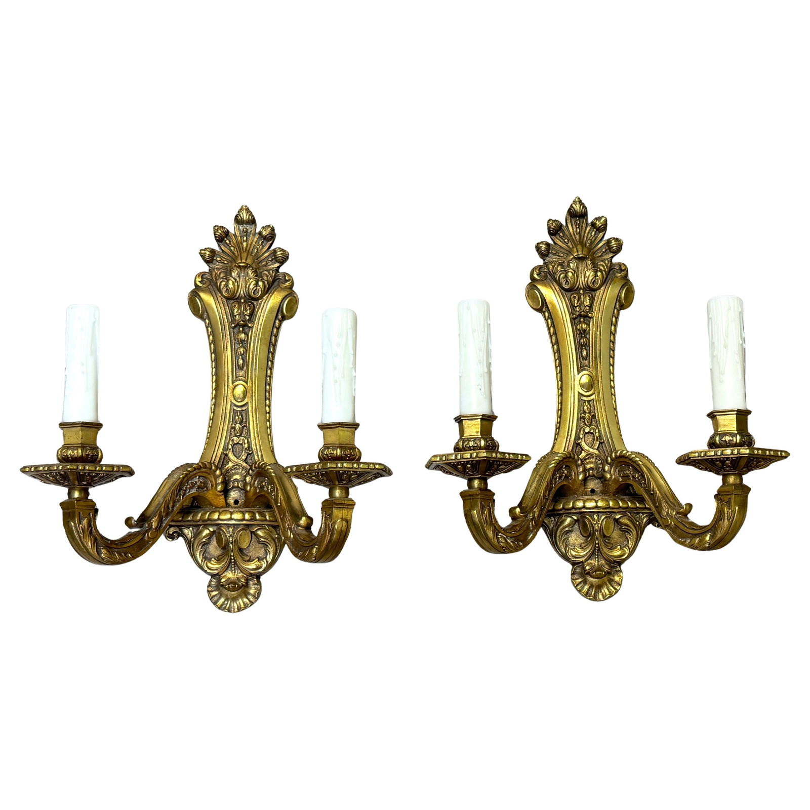 Exquisite Set of 2 Louis XVI Neoclassical Gilt Bronze Wall Sconces circa 1900: Exquisite Set of 2 Louis XVI Neoclassical Gilt Bronze Wall Sconces circa 1900 This exquisite pair of Louis XVI style Neoclassical two-light wall sconces, crafted in Belgium circa 1900, embodies the el