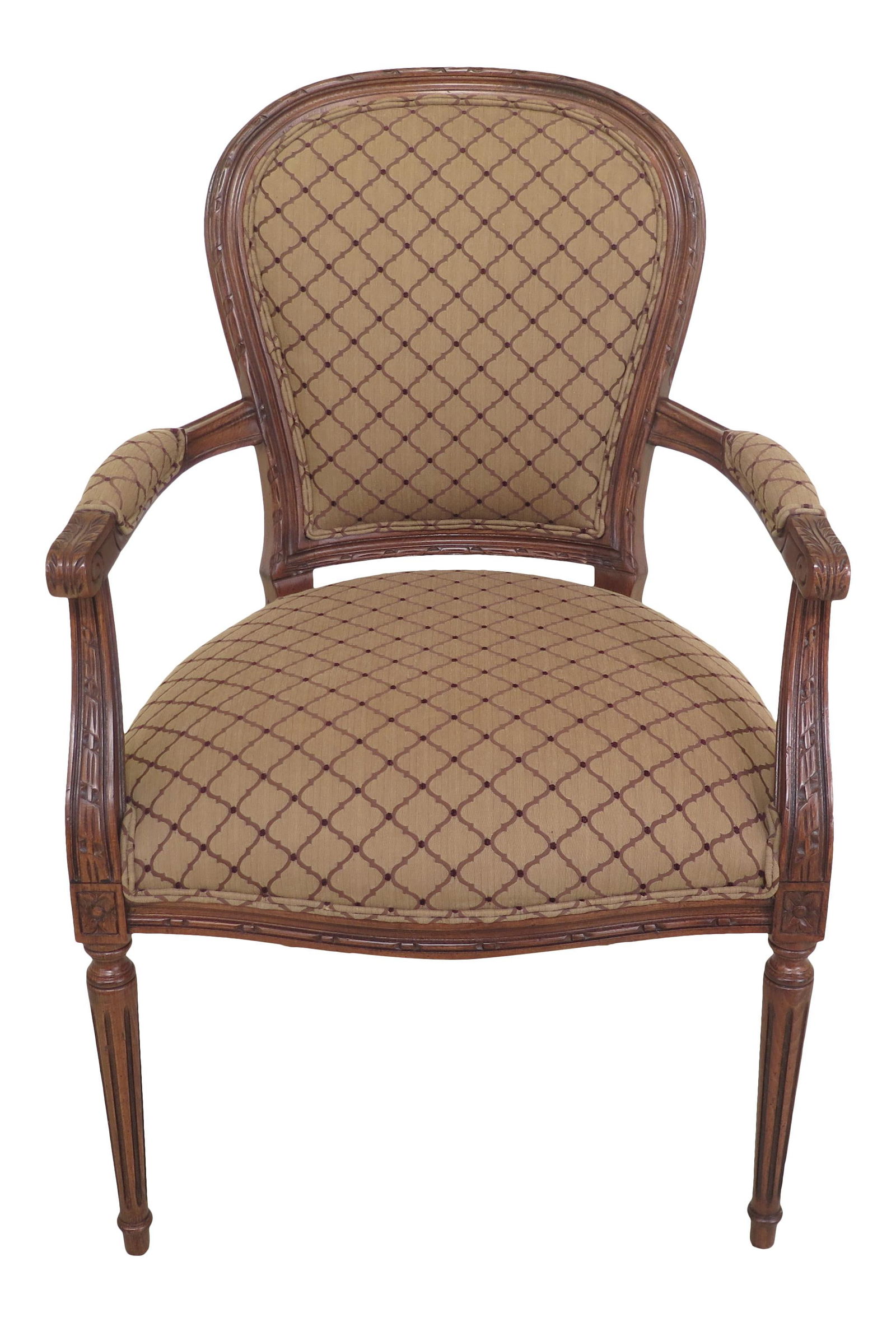 Ethan Allen French Louis XVI Balloon Back Armchair Quality Upholstered: Ethan Allen French Louis XVI Balloon Back Armchair Quality Upholstered This elegant Ethan Allen French Louis XVI Style Balloon Back Arm Chair features a timeless design that brings a touch of classic