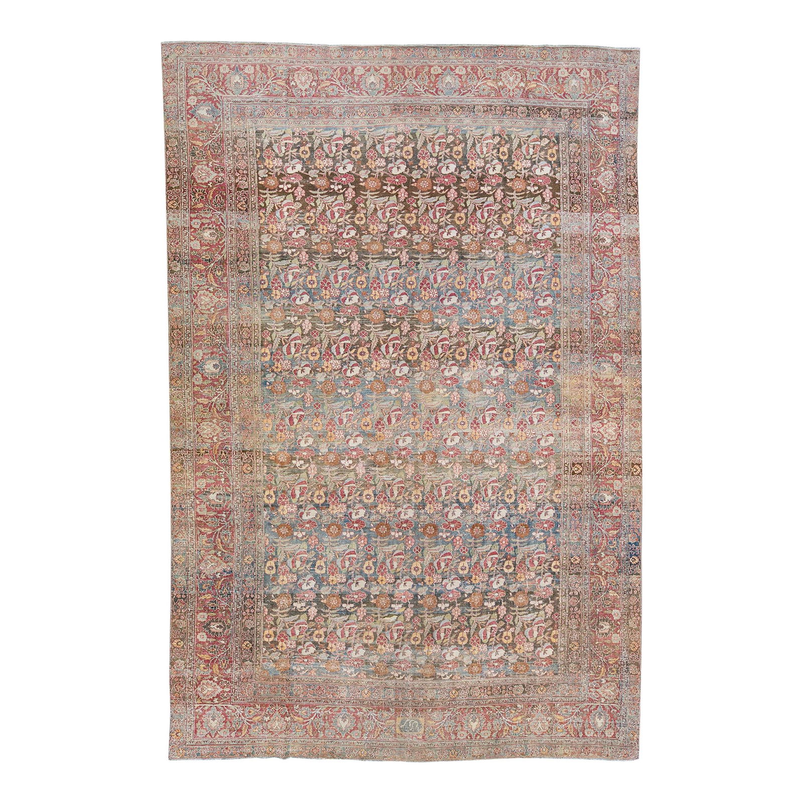 Antique Mahal Hand-Knotted Wool Rug Blue Floral Design 9'3 x 14'5: Antique Mahal Hand-Knotted Wool Rug Blue Floral Design 9'3 x 14'5 This exquisite hand-knotted antique Mahal wool rug features a captivating all-over floral design in harmonious earth tones. The rug bo