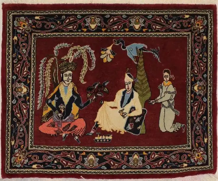 Hand-Knotted Wool Oriental Area Rug Wine Red Floral 3'2 x 2'8 Handmade: Hand-Knotted Wool Oriental Area Rug Wine Red Floral 3'2 x 2'8 Handmade This handmade area rug features a wine red base with pictorial and floral designs in beige, blue, olive, gold, and coral tones. C