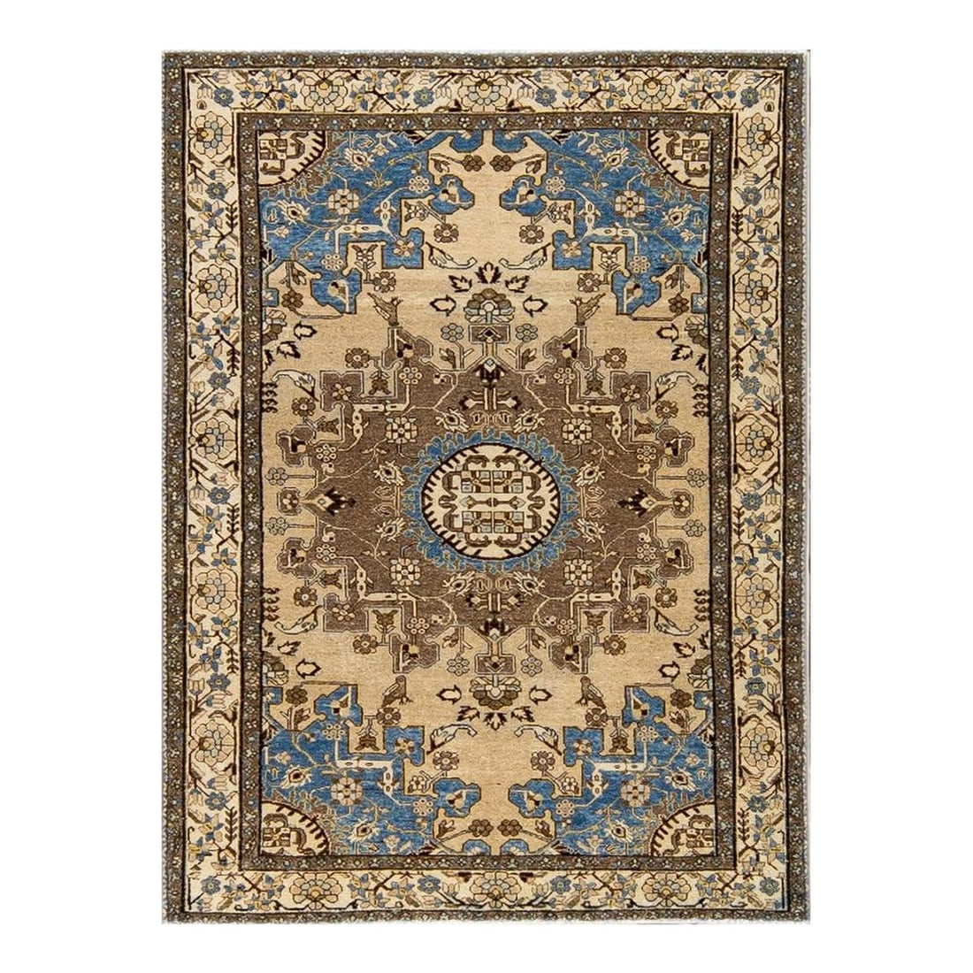 Antique Malayer Beige Floral Wool Rug 4'4" x 6' Handmade: Antique Malayer Beige Floral Wool Rug 4'4" x 6' Handmade This exquisite Antique Malayer wool rug features a stunning beige field adorned with a beautiful all-over floral design in rich brown and blue