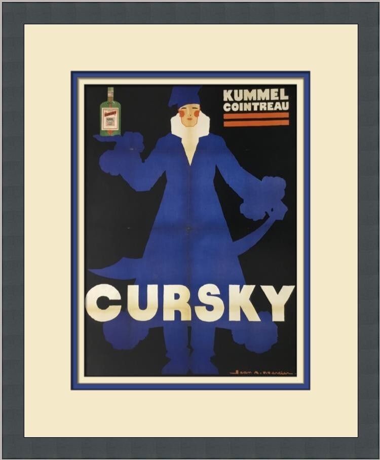 Jean-A. Mercier Cursky Art Deco Print Custom Framed 1998: Jean-A. Mercier Cursky Art Deco Print Custom Framed 1998 This striking custom framed advertising print titled "Cursky" by artist Jean-A. Mercier showcases a captivating Art Deco style. Created in 1998