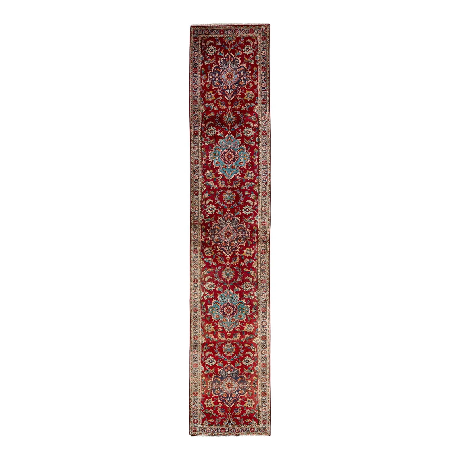 1960s Handcrafted Persian Tabriz Wool Runner Red Medallion 2'6 x 13'2: 1960s Handcrafted Persian Tabriz Wool Runner Red Medallion 2'6 x 13'2 Experience the elegance of this stunning Persian Tabriz wool runner, beautifully hand-knotted with a vibrant red background. The i