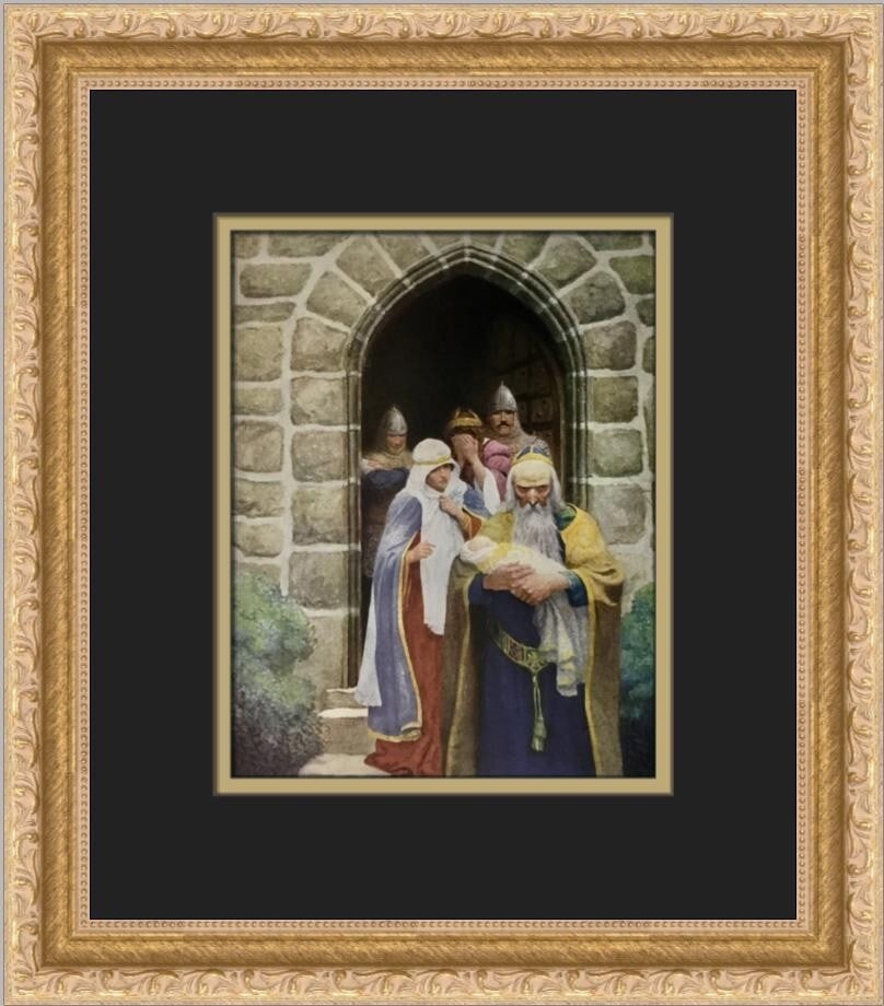 N C Wyeth Merlin Taking Arthur Custom Framed Print Impressionism: N C Wyeth Merlin Taking Arthur Custom Framed Print Impressionism This custom framed print features N.C. Wyeth's captivating artwork titled "Merlin taking the infant Arthur." Measuring 14 in x 12 in ov