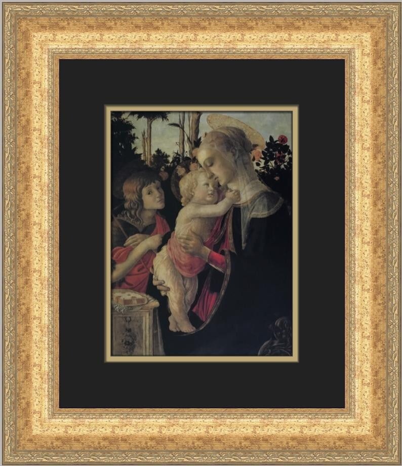 Botticelli The Virgin and Child with John The Baptist Custom Framed Print 1982: Botticelli The Virgin and Child with John The Baptist Custom Framed Print 1982 This exquisite custom framed print features Botticelli's renowned artwork, "The Virgin and Child with John The Baptist."