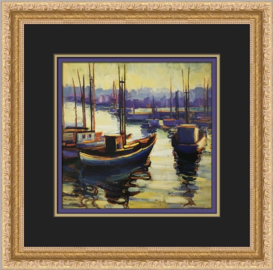 Donna Shuster Los Angeles Harbor Custom Framed Impressionist Print: Donna Shuster Los Angeles Harbor Custom Framed Impressionist Print This stunning custom framed print titled "Los Angeles Harbor" by artist Donna Shuster captures the beauty of boats in a vibrant impre