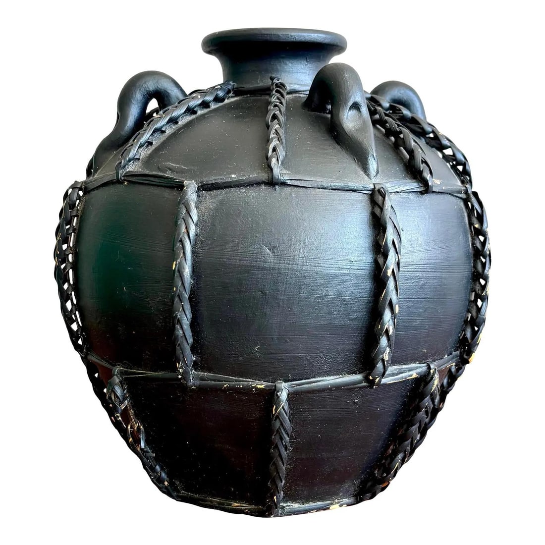 Bold Black Braided Rattan Pottery Jug by Show Pony: Bold Black Braided Rattan Pottery Jug by Show Pony Introducing a striking vintage Boho braided rattan studio pottery jug, designed to be a centerpiece in any decor. This bold ceramic vessel features a
