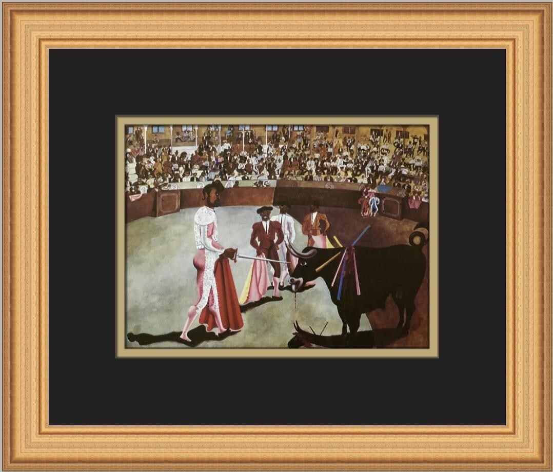 Edward Burra Bullfight Custom Framed Realism Print 12 x 14: Edward Burra Bullfight Custom Framed Realism Print 12 x 14 Enjoy the striking artistry of Edward Burra with this custom framed print titled 'Bullfight.' This medium-sized artwork, produced in 1973, ca