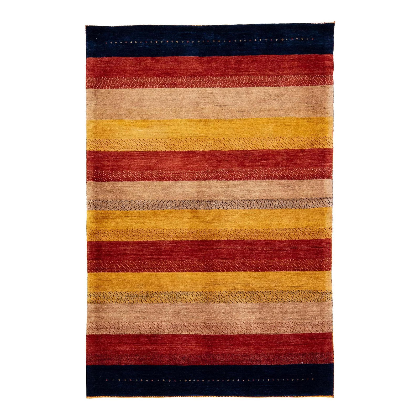 Handmade Modern Gabbeh Persian Wool Rug Multicolor Stripes 3'10 x 8'10: Handmade Modern Gabbeh Persian Wool Rug Multicolor Stripes 3'10 x 8'10 Enhance your space with this exquisite modern Persian Gabbeh hand-knotted wool rug. Featuring a vibrant red, yellow, and brown fi