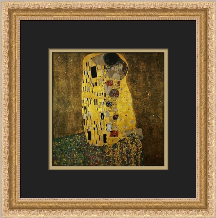 Gustav Klimt The Kiss Custom Framed Art Print 13x13: Gustav Klimt The Kiss Custom Framed Art Print 13x13 This exquisite custom framed print features Gustav Klimt's iconic artwork, 'The Kiss.' Measuring 13 inches by 13 inches, it showcases a medium-sized