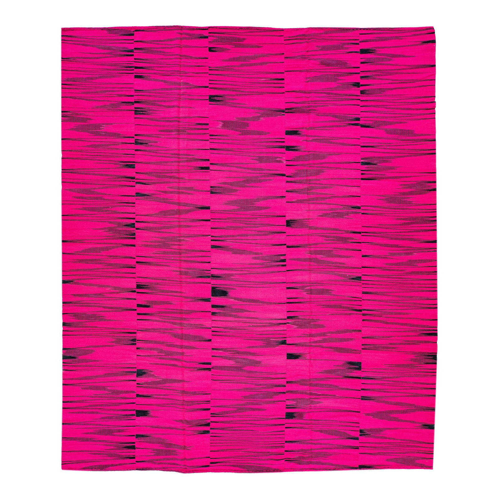 Contemporary Turkish Kilim Wool Rug 11'4 x 13'2 Pink Black Geometric: Contemporary Turkish Kilim Wool Rug 11'4 x 13'2 Pink Black Geometric Enhance your living space with this stunning contemporary Turkish kilim rug from the 21st century. Featuring a vibrant highlighter-