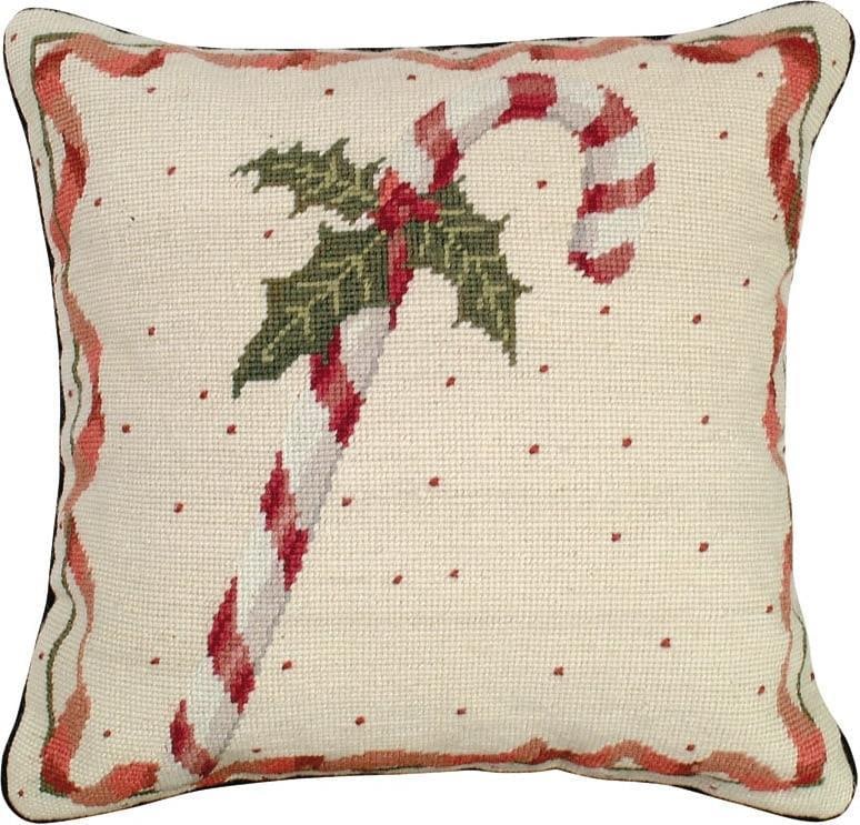 Holiday Theme Candy Cane Throw Pillow 16x16 Wool With Velvet Back: Holiday Theme Candy Cane Throw Pillow 16x16 Wool With Velvet Back This throw pillow features a festive holiday candy cane design in an antique or vintage-inspired style. Crafted with a 100% wool front