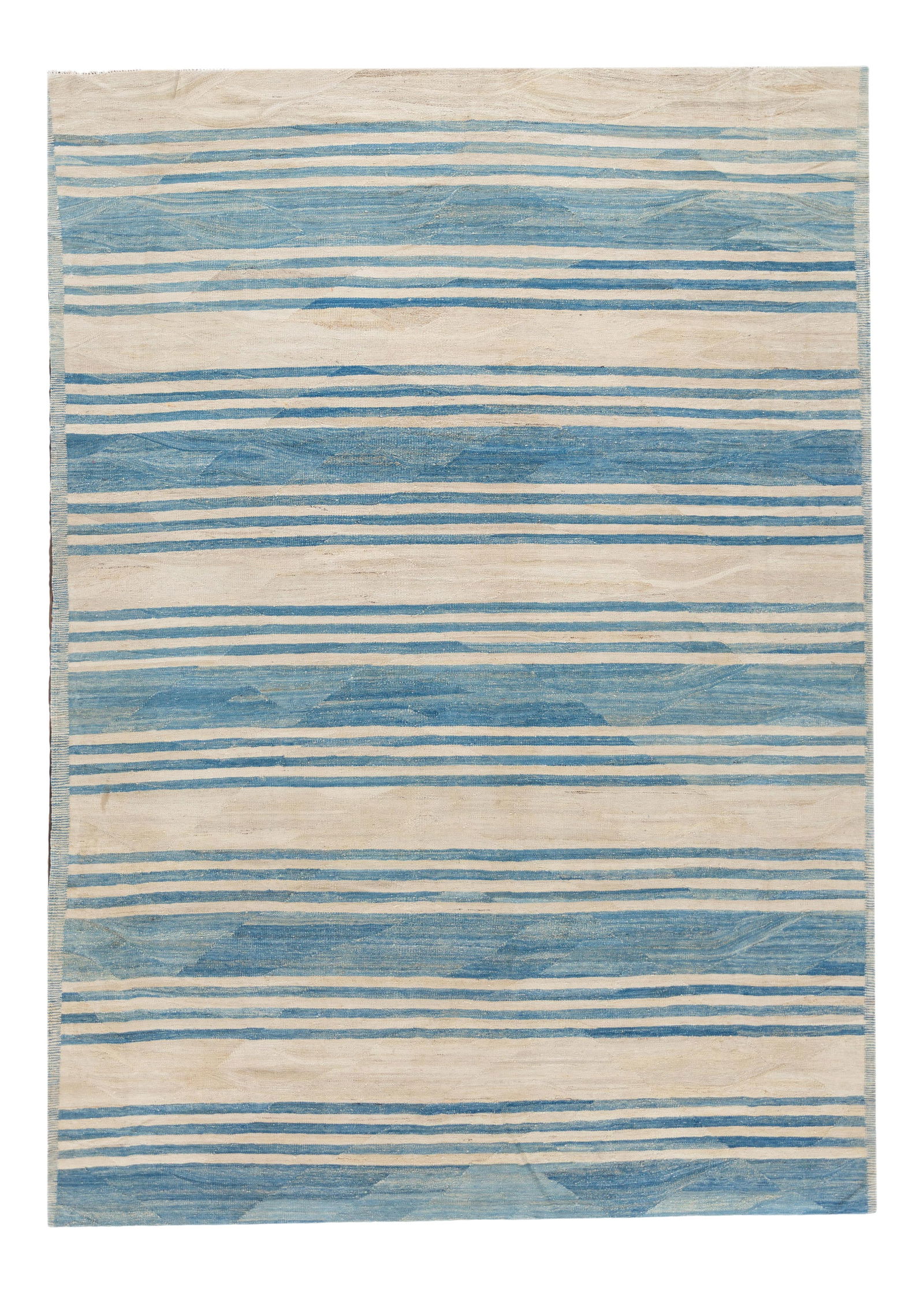 Ivory Blue Striped Hand-Knotted Wool Kilim Rug 8'11 x 12'2: Ivory Blue Striped Hand-Knotted Wool Kilim Rug 8'11 x 12'2 Enhance your living space with this stunning hand-knotted modern kilim wool rug. Featuring an elegant ivory field complemented by blue stripe