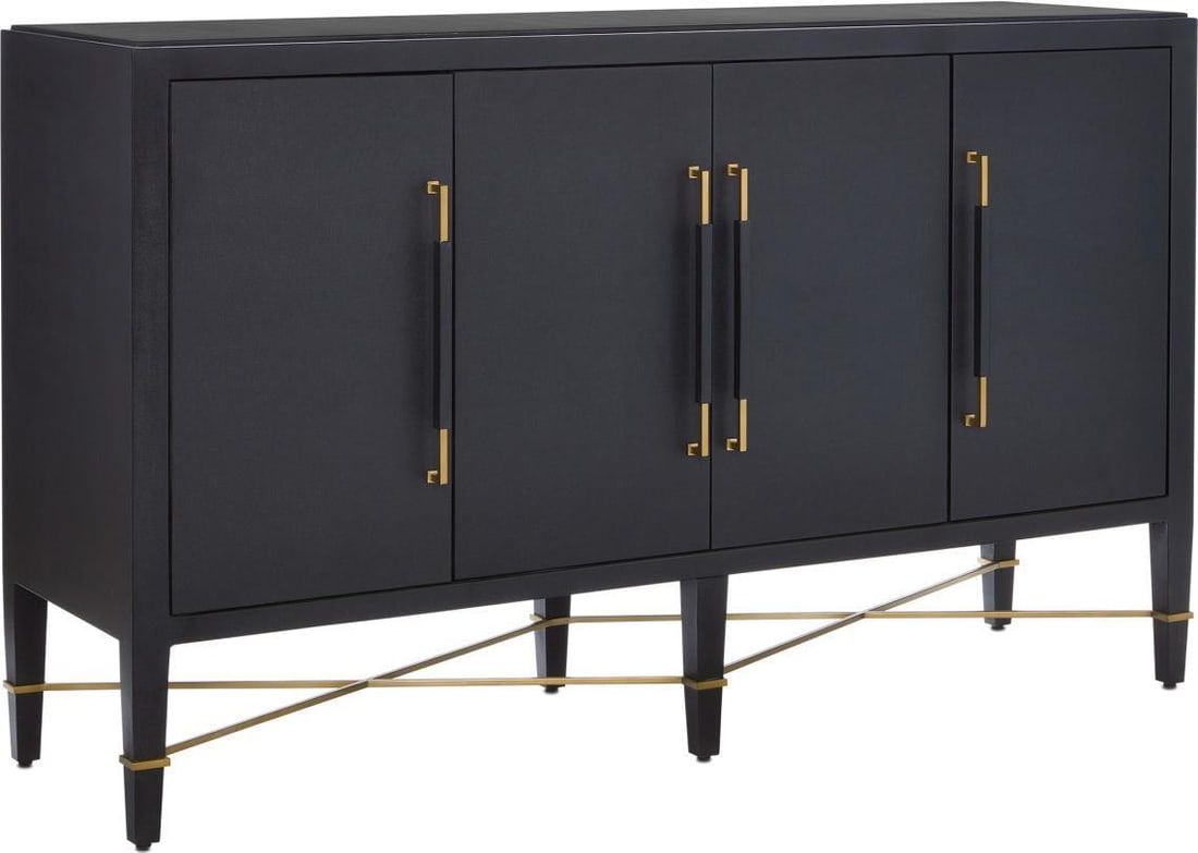 Currey Verona Black Lacquered Sideboard with Soft-Closing Hinges: Currey Verona Black Lacquered Sideboard with Soft-Closing Hinges Introducing the Elegant Verona Black Sideboard, a stunning addition to any dining room or living space. This French-style sideboard fea