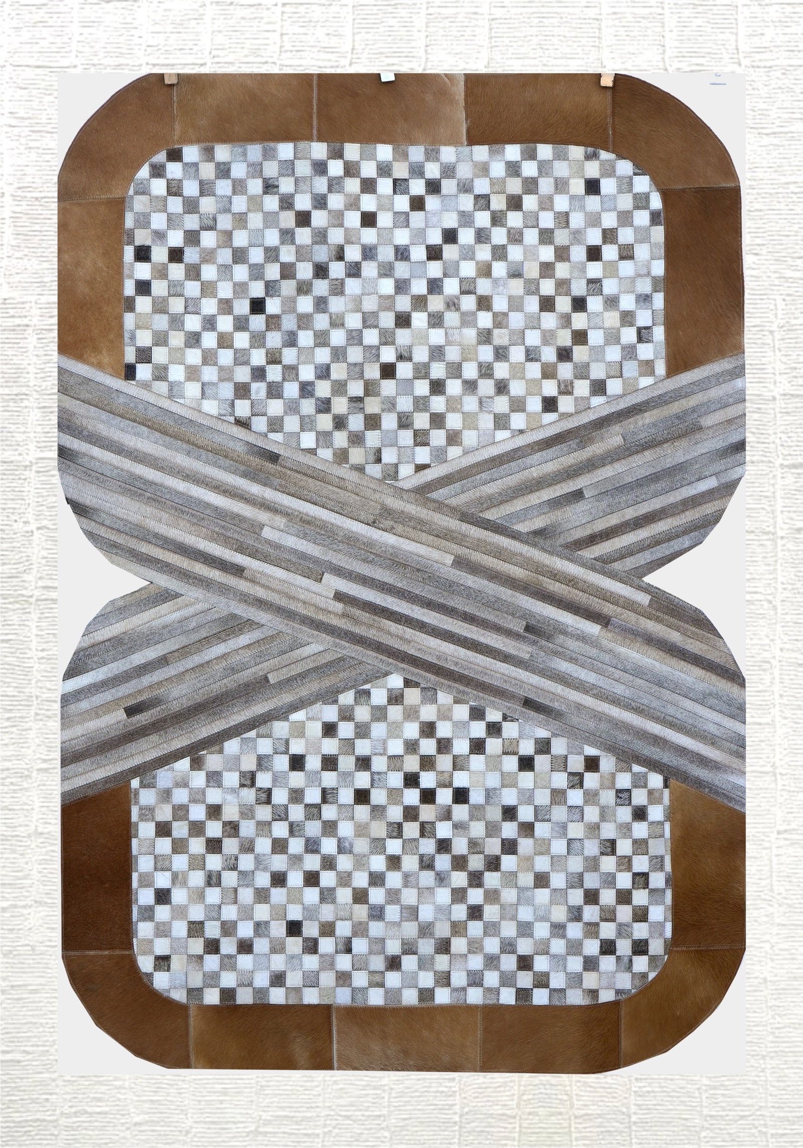 Geometric Shield Patchwork Cowhide Leather Rug 3FT x 5FT Grey Tan White: Geometric Shield Patchwork Cowhide Leather Rug 3FT x 5FT Grey Tan White Free continental US Shipping This luxury geometric shield patchwork rug is expertly handcrafted from premium hair-on cowhide lea