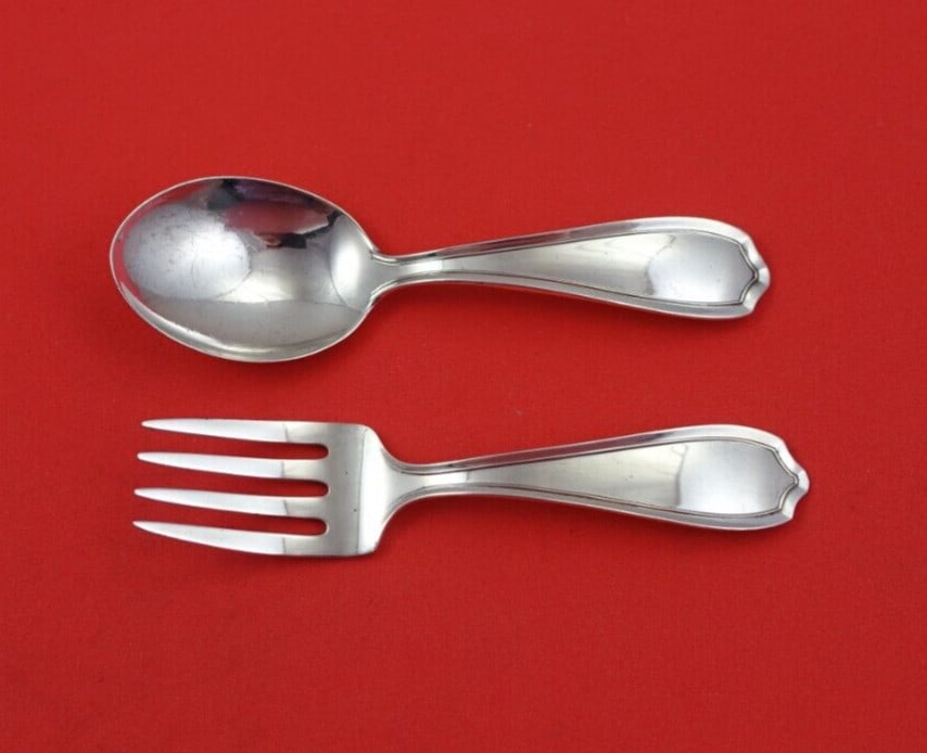 Alvin Maryland Sterling Silver Baby Set 2pc 4 Inch Heirloom: Alvin Maryland Sterling Silver Baby Set 2pc 4 Inch Heirloom This exquisite 2-piece baby set from the Maryland pattern by Alvin is crafted from high-quality sterling silver. Measuring 4 inches, this he