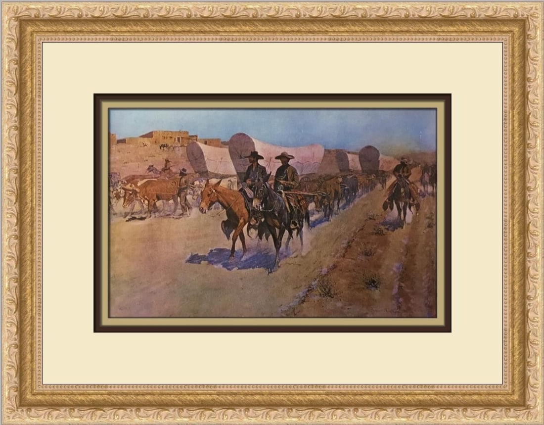 Frederick Remington The Santa Fe Trade Custom Framed Print 1986: Frederick Remington The Santa Fe Trade Custom Framed Print 1986 This stunning custom framed print titled 'The Santa Fe Trade' by renowned artist Frederick Remington features a striking landscape orien