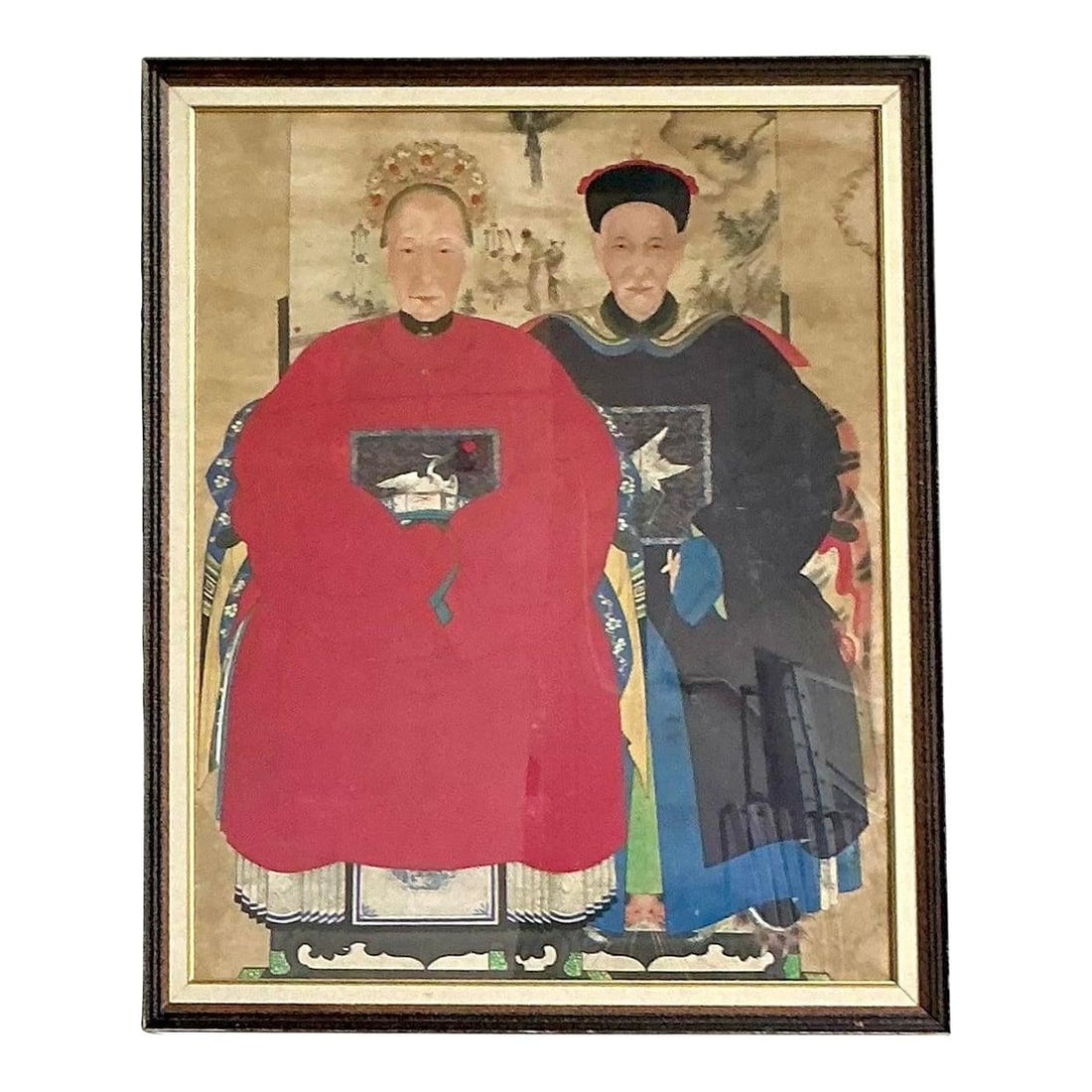 19th Century Chinese Ancestor Portrait Gouache Painting Framed: 19th Century Chinese Ancestor Portrait Gouache Painting Framed This monumental 19th-century Chinese ancestor portrait features a high-ranking civil official and his wife, both elegantly depicted in fo