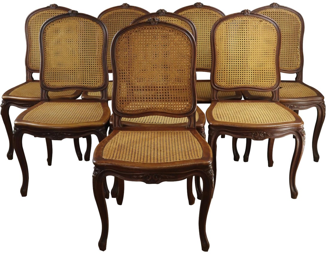 Set of 8 Vintage Walnut Louis XVI Dining Chairs 1930: Set of 8 Vintage Walnut Louis XVI Dining Chairs 1930 This set of eight vintage dining chairs showcases the elegant Louis XVI style, crafted from rich walnut. Each chair stands at a height of 38.75 inc