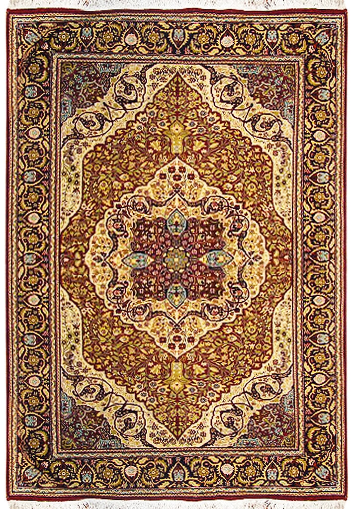 4'7" x 7' Handmade Wool Silk Tabriz Rug Burgundy Beige Navy: 4'7" x 7' Handmade Wool Silk Tabriz Rug Burgundy Beige Navy Free continental US Shipping Experience the elegance of traditional artistry with this 4' 7" x 7' Handmade Wool and Silk Tabriz Rug. Expertl