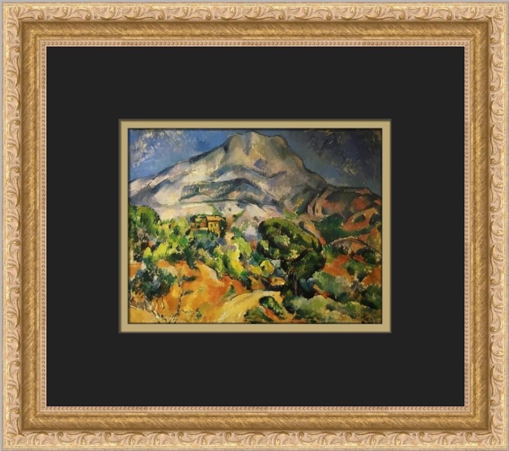 Paul Cezanne Mont Sainte-Victoire Custom Framed Print in Gold Frame: Paul Cezanne Mont Sainte-Victoire Custom Framed Print in Gold Frame This exquisite custom framed print features Paul Cezanne's iconic artwork, "Mont Sainte-Victoire." The print is created using offset