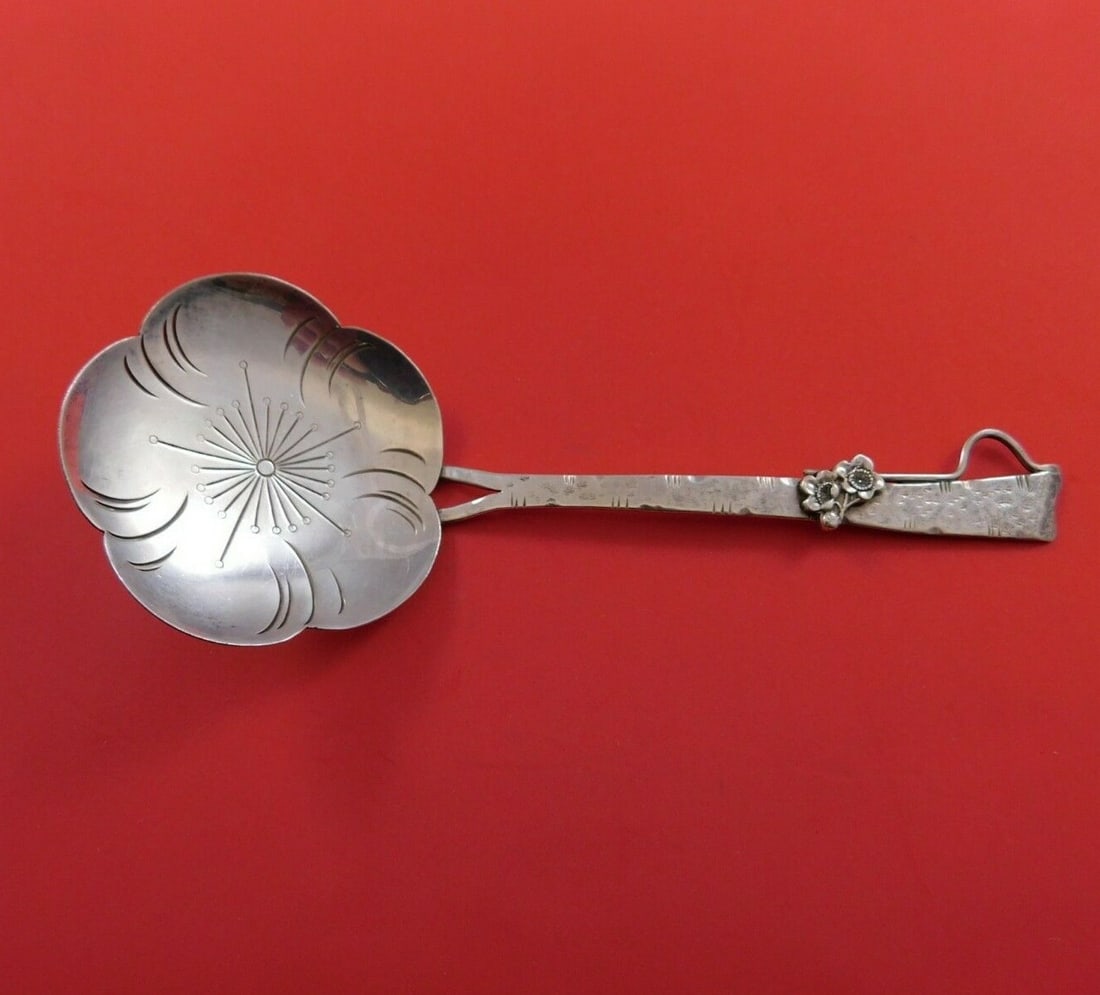 Kuyeda Sterling Silver Hammered Serving Spoon with Floral Design 6.5": Kuyeda Sterling Silver Hammered Serving Spoon with Floral Design 6.5" This exquisite serving spoon from Kuyeda is crafted from high-quality sterling silver. It features a beautifully hammered handle a