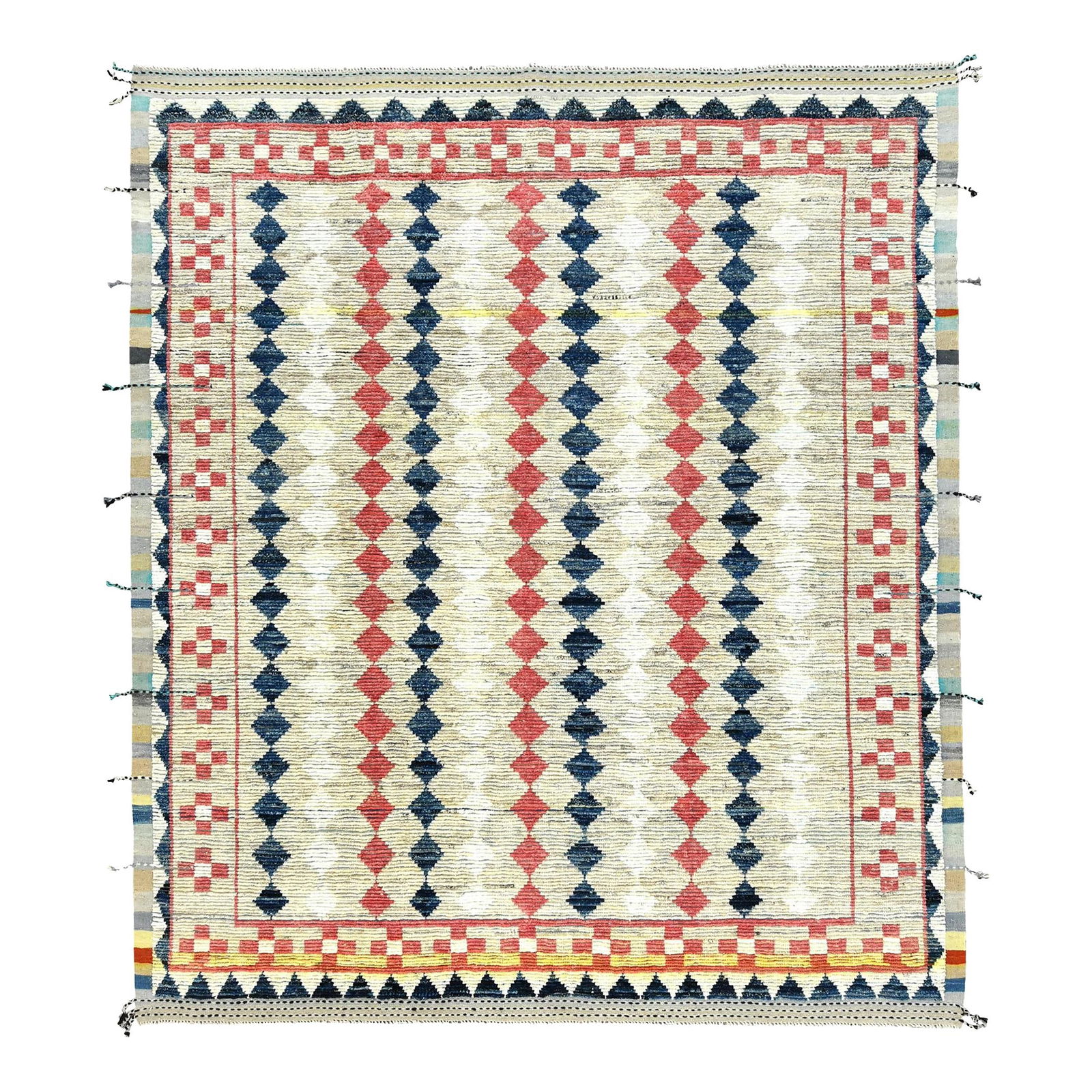 Handmade Moroccan Geometric Wool Rug Beige 9'10 x 14': Handmade Moroccan Geometric Wool Rug Beige 9'10 x 14' Enhance your space with this exquisite handmade wool rug featuring a stunning Moroccan geometric design. The beige field is beautifully accented w