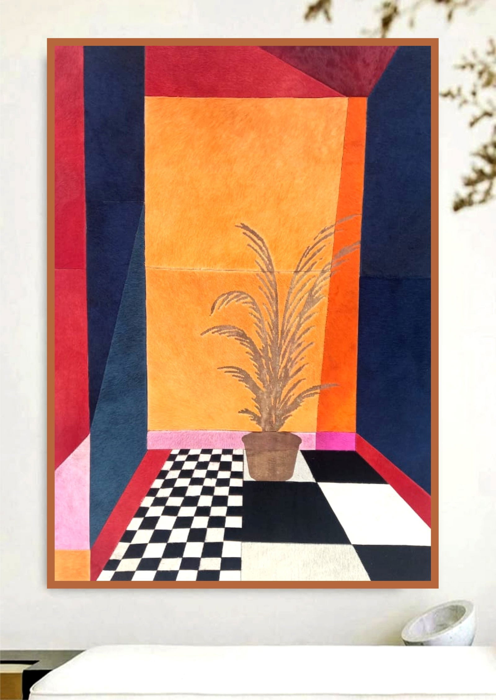 Handcrafted Cowhide Mosaic Wall Art Geometric Potted Plant Multi Color 12x12 (1 of 1)