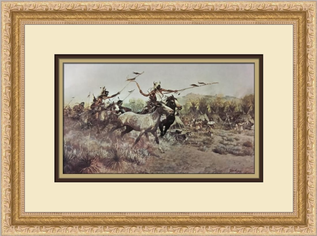 John Clymer 1977 Victory Ride Custom Framed Art Print 12x16: John Clymer 1977 Victory Ride Custom Framed Art Print 12x16 This stunning custom framed print titled "Victory Ride" by artist John Clymer showcases a remarkable blend of Impressionism and Realism. Pro