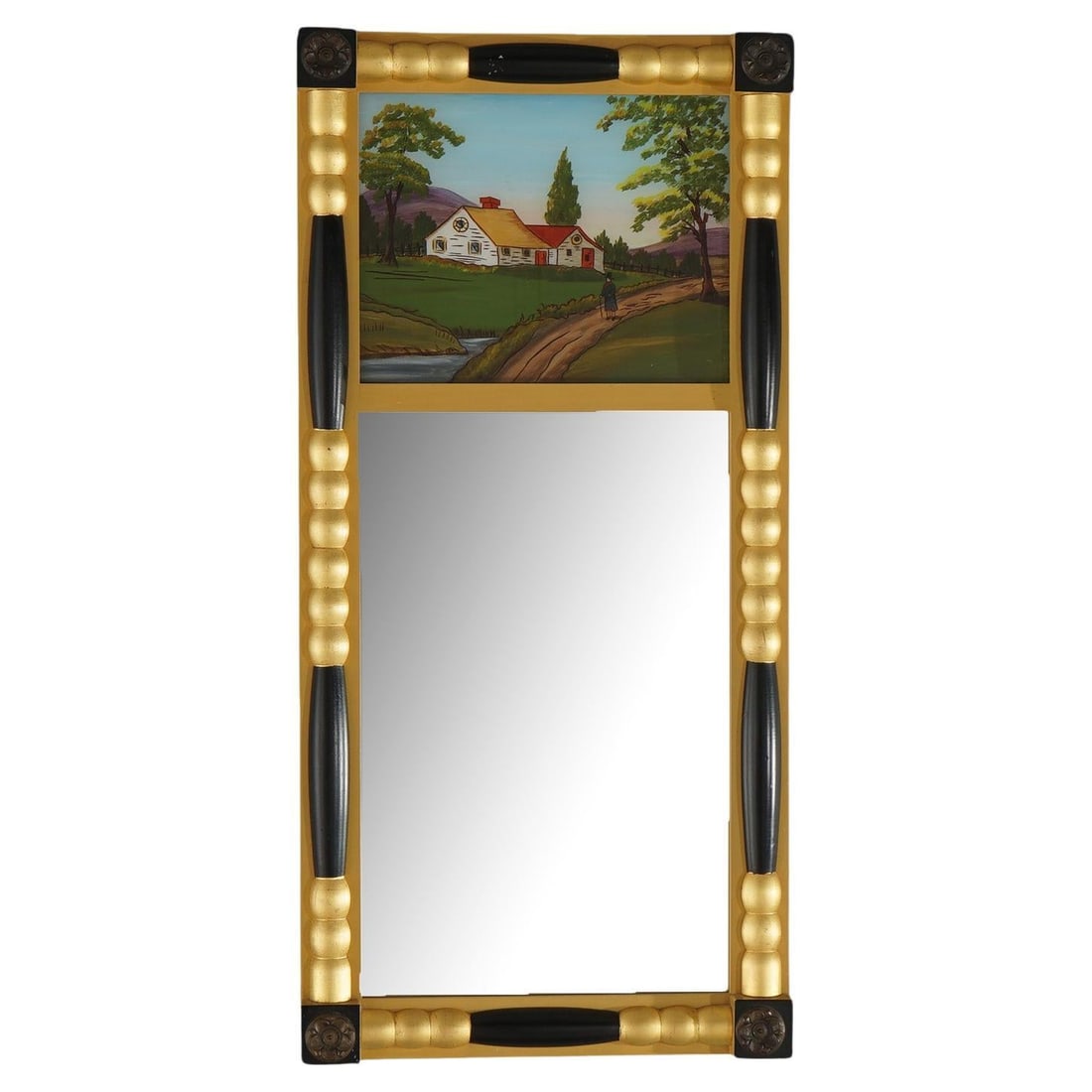 20th Century American Empire Ebonized Gilt Mirror with Hand-Painted Eglomise Panel: 20th Century American Empire Ebonized Gilt Mirror with Hand-Painted Eglomise Panel This exquisite 20th-century American Empire style mirror features a striking ebonized and gilt wood frame. It is beau
