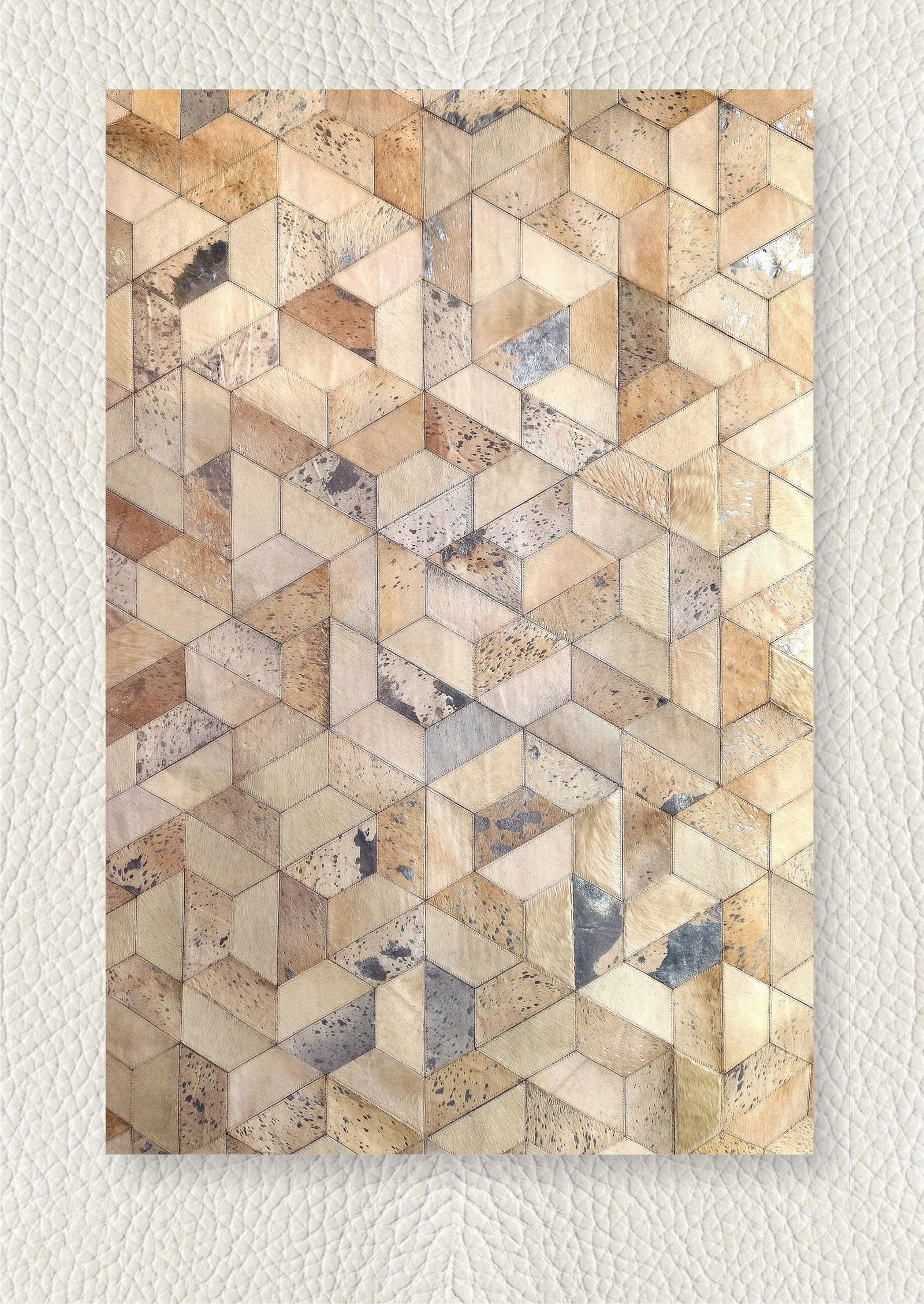 Golden Sand 3D Cube Patchwork Cowhide Leather Rug 3ft x 5ft: Golden Sand 3D Cube Patchwork Cowhide Leather Rug 3ft x 5ft Free continental US Shipping This luxury rug features a geometric 3D cube patchwork design in warm golden sand tones, offering a striking vi
