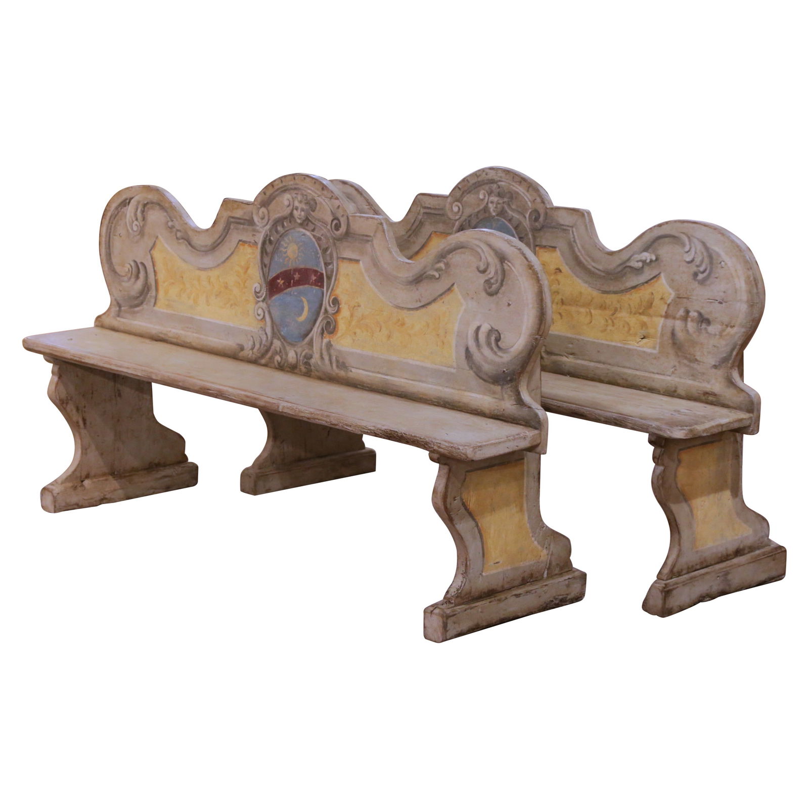 Set of Two Italian Renaissance Style Oak Cassapanca Benches Hand Painted Circa 1960: Set of Two Italian Renaissance Style Oak Cassapanca Benches Hand Painted Circa 1960 This pair of mid-century Italian cassapanca benches, crafted circa 1960, showcase Renaissance-inspired design with h