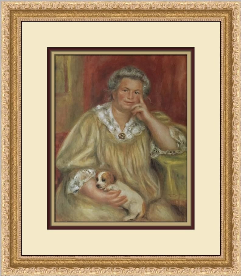 Pierre-Auguste Renoir Mme Renoir with Dog Bob Framed Art Print: Pierre-Auguste Renoir Mme Renoir with Dog Bob Framed Art Print This exquisite custom framed print features the iconic artwork 'Mme Renoir with her Dog Bob' by renowned artist Pierre-Auguste Renoir. Me