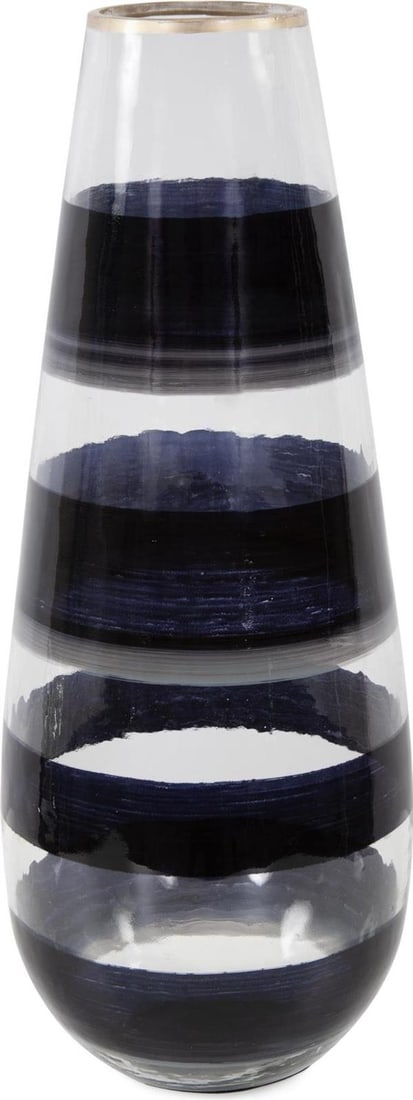 Howard Elliott Gold Black Glass Art Vase 17.5H 7W 7D: Howard Elliott Gold Black Glass Art Vase 17.5H 7W 7D This captivating vase features a stunning gold and black glass design, making it a striking addition to any decor. With a height of 17.50 inches an