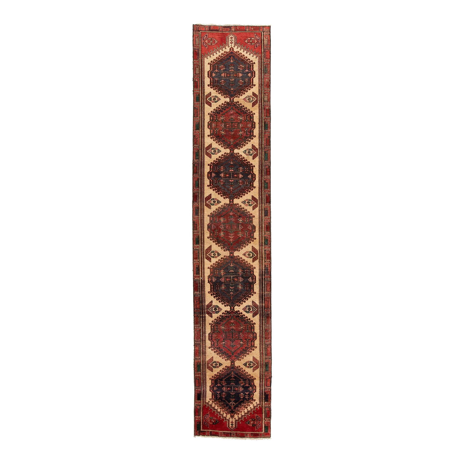 Vintage Persian Serab Red Wool Runner 2'7 X 13'8 Geometric Design: Vintage Persian Serab Red Wool Runner 2'7 X 13'8 Geometric Design This stunning vintage Persian Serab runner is hand-knotted from high-quality wool, featuring a vibrant red field adorned with a multi-