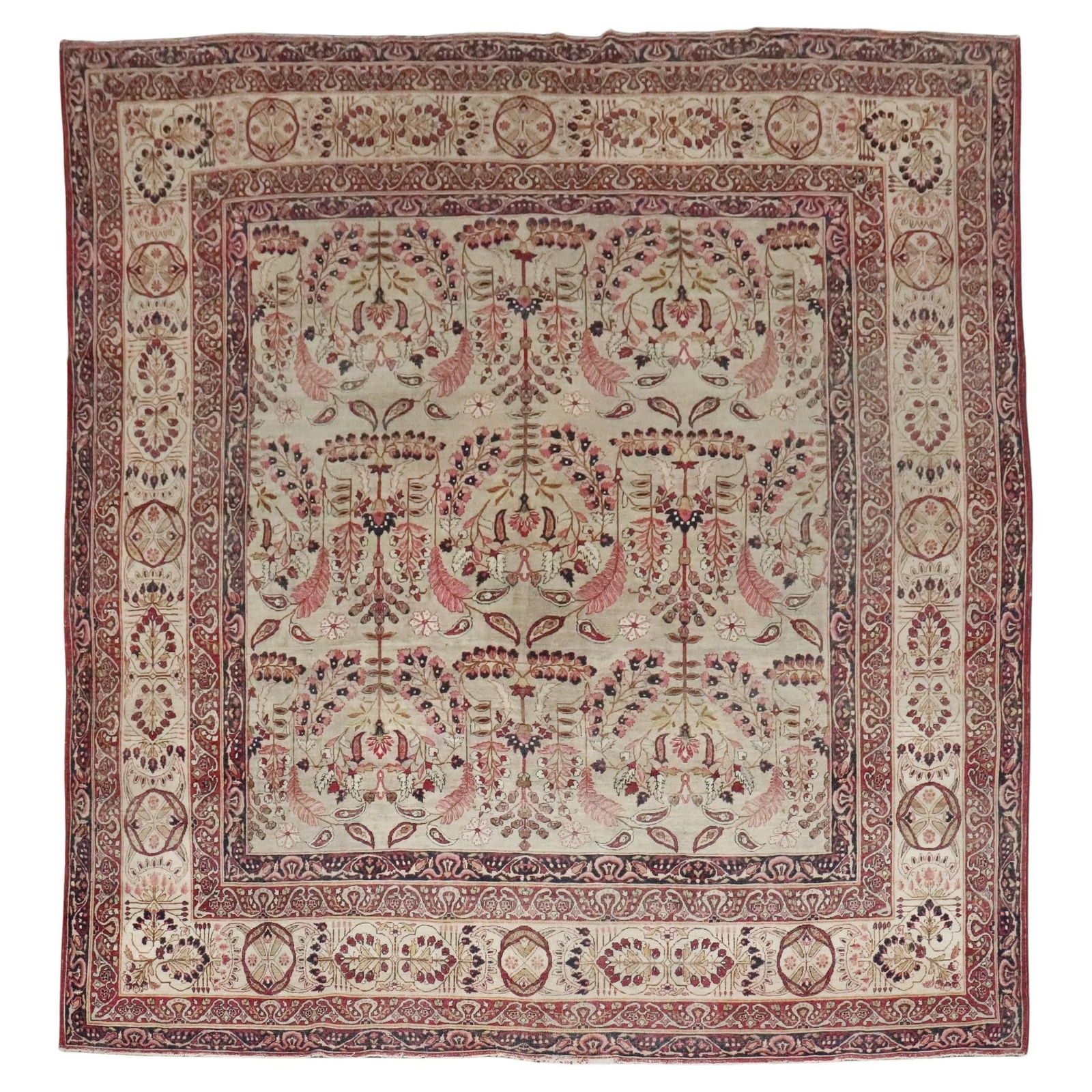 19th Century Lavar Kerman Hand-Knotted Square Rug 9'7 x 10'10: 19th Century Lavar Kerman Hand-Knotted Square Rug 9'7 x 10'10 Discover the elegance of this large late 19th-century Lavar Kerman square rug, showcasing a beautiful all-over floral pattern against a so