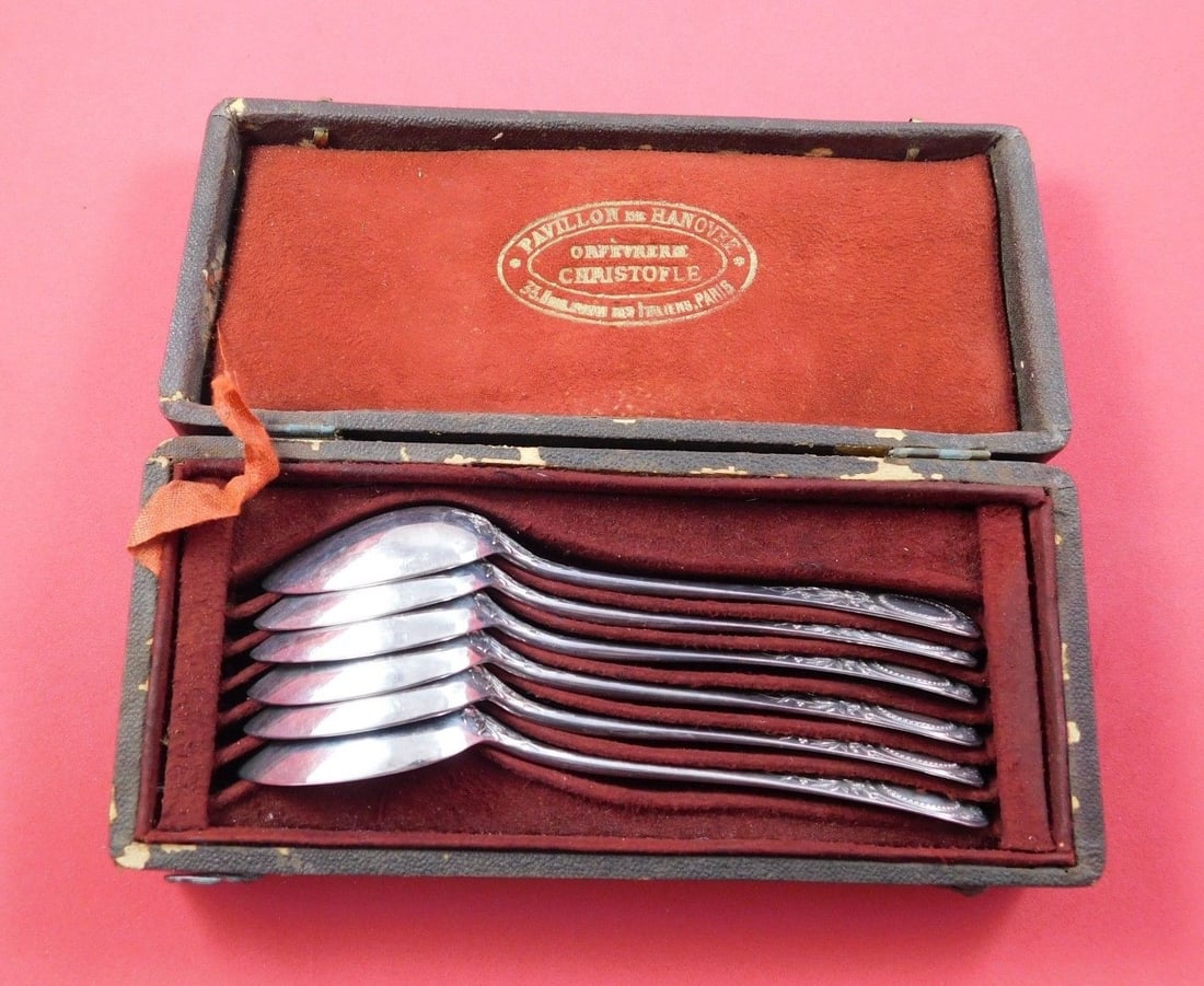 Christofle Ecusson Louis XVI Silverplate Teaspoon Set 6pc in Fitted Box (1 of 1)