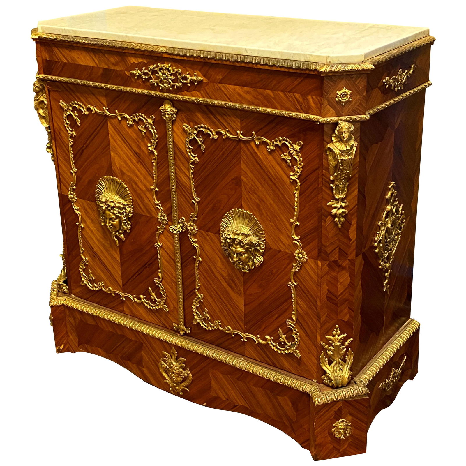 Regency Revival Marble Top Cabinet with Bronze Mounts France circa 1900: Regency Revival Marble Top Cabinet with Bronze Mounts France circa 1900 This French Regence style cabinet features bronze mounts and a marble top, crafted from kingwood with gilt and veneer detailing.