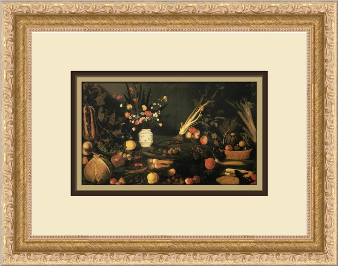 Caravaggio Still Life Fruit and Flowers Custom Framed Art Print: Caravaggio Still Life Fruit and Flowers Custom Framed Art Print This exquisite custom framed print features Caravaggio's renowned still life composition of fruit and flowers, epitomizing the realism s