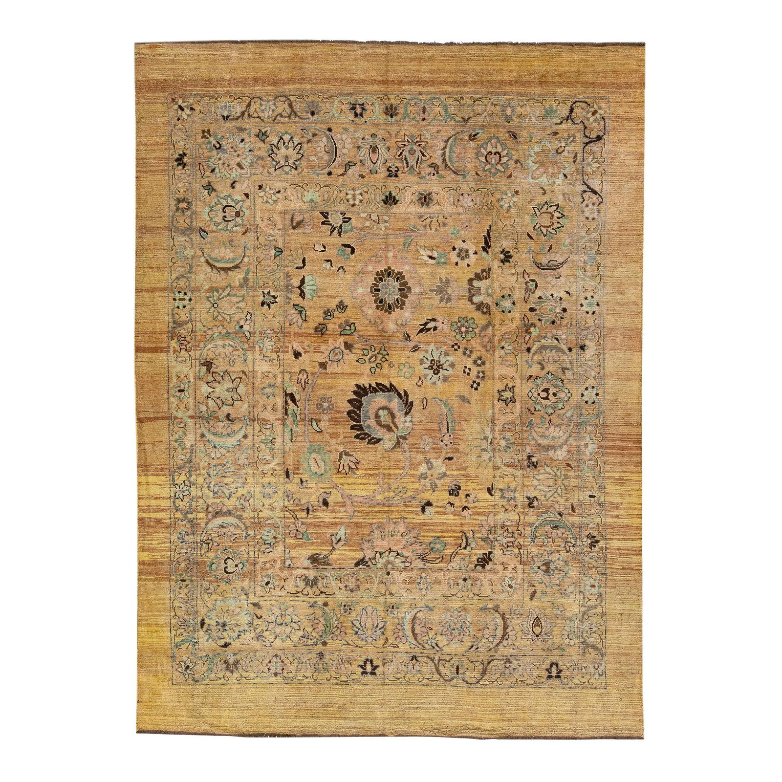 Handmade Mid-Century Floral Tan Wool Rug 8'1" x 11'1": Handmade Mid-Century Floral Tan Wool Rug 8'1" x 11'1" Enhance your space with this stunning Mid-Century Transitional Style Handmade Wool Rug. Inspired by the craftsmanship of 19th-century regional art