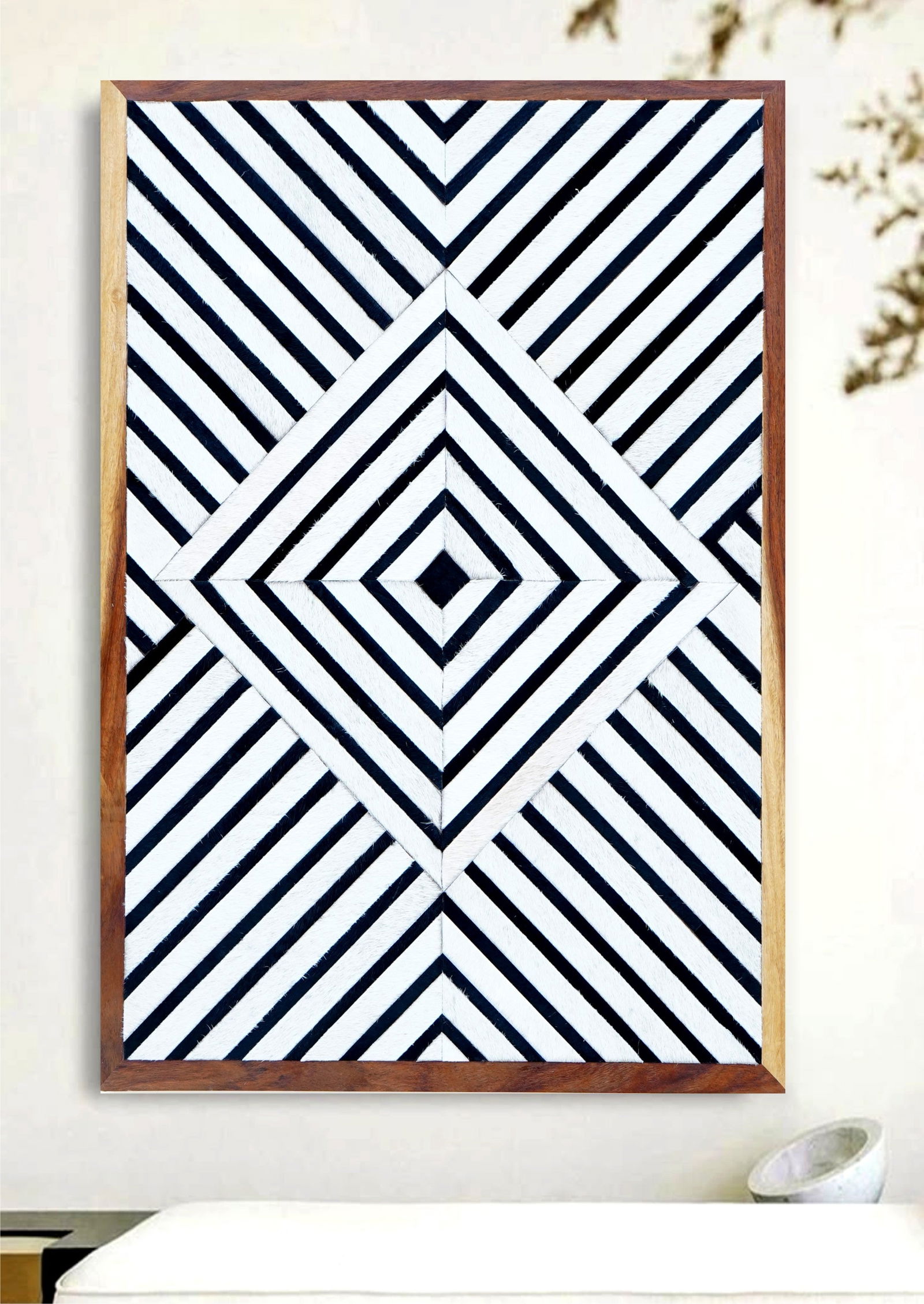 Modern Black White Cowhide Mosaic Wall Art Geometric Diamond Stripe 12x12: Modern Black White Cowhide Mosaic Wall Art Geometric Diamond Stripe 12x12 Free continental US Shipping This handcrafted wall art features a mosaic design made from precision-cut, 100% genuine cowhide