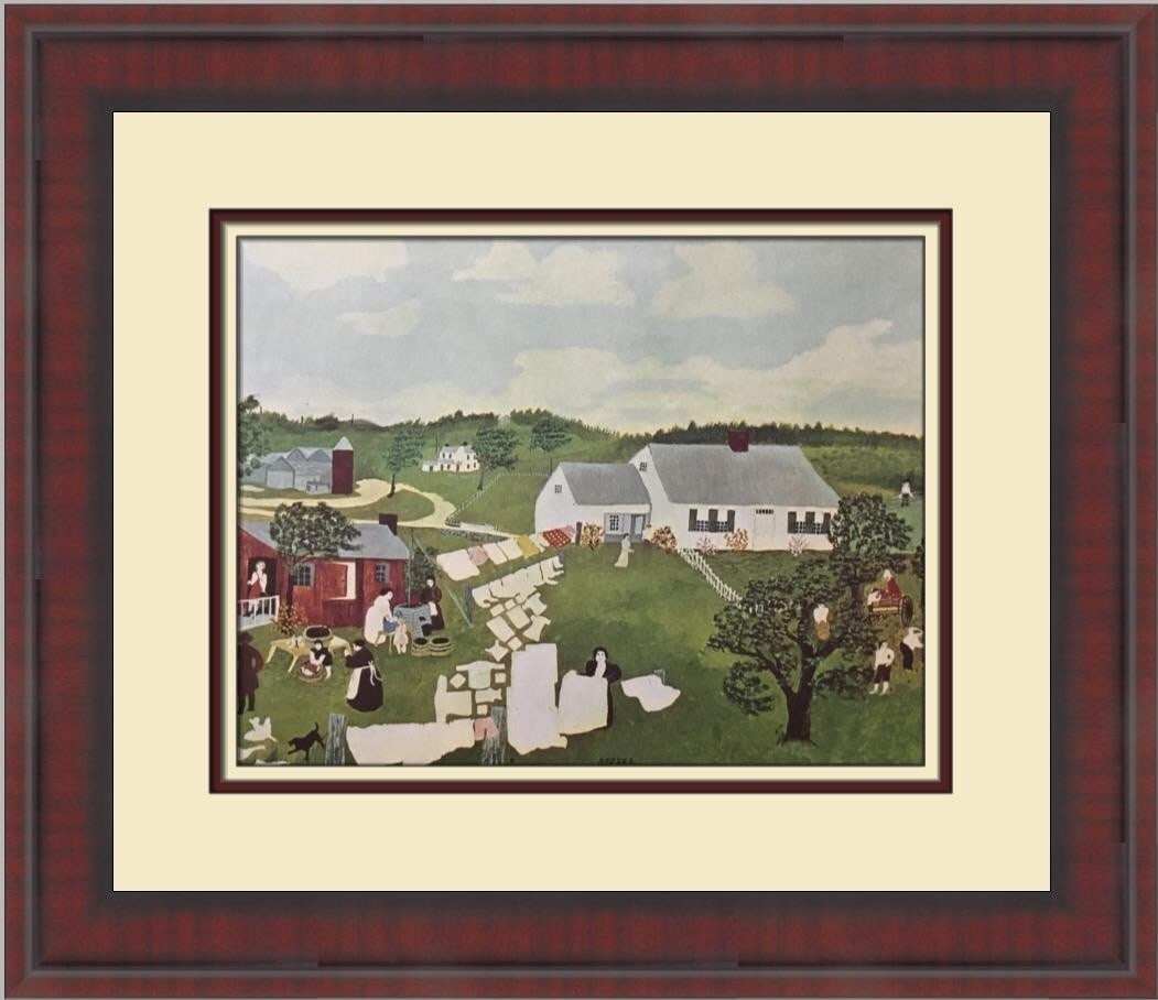 Grandma Moses Wash Days Custom Framed Folk Art Print 14x17: Grandma Moses Wash Days Custom Framed Folk Art Print 14x17 This beautiful custom framed print titled "Wash Days" by artist Grandma Moses captures the essence of Folk Art with a charming depiction of e