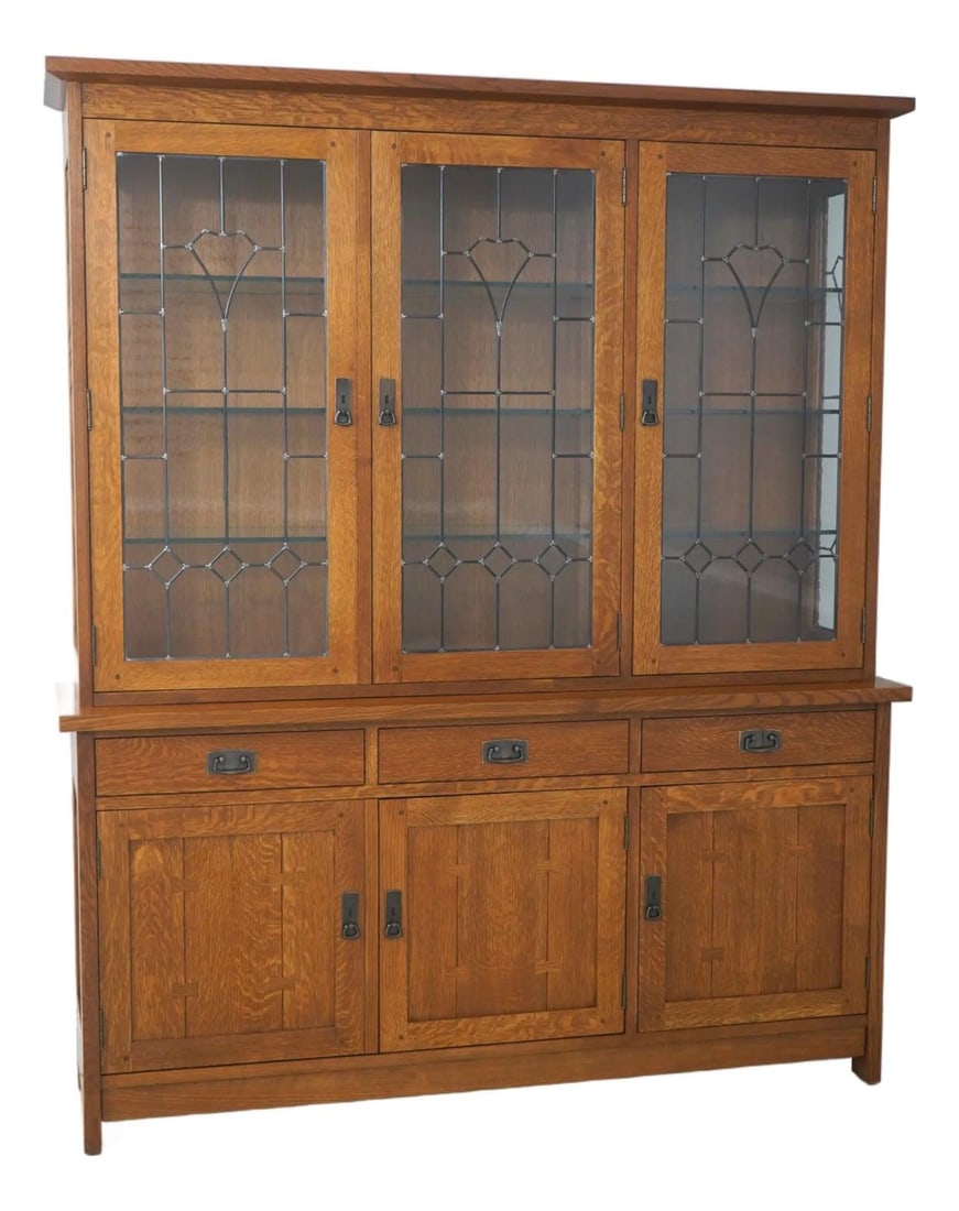 Mission Style Oak China Cabinet With Leaded Crackle Glass And Lighting (1 of 10)