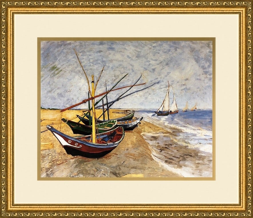 Vincent van Gogh Boats at Saint Marie Custom Framed Lithograph Print 18 x 21: Vincent van Gogh Boats at Saint Marie Custom Framed Lithograph Print 18 x 21 This beautifully custom framed print features Vincent van Gogh's iconic artwork, "Boats at Saint Marie." It is a medium-siz