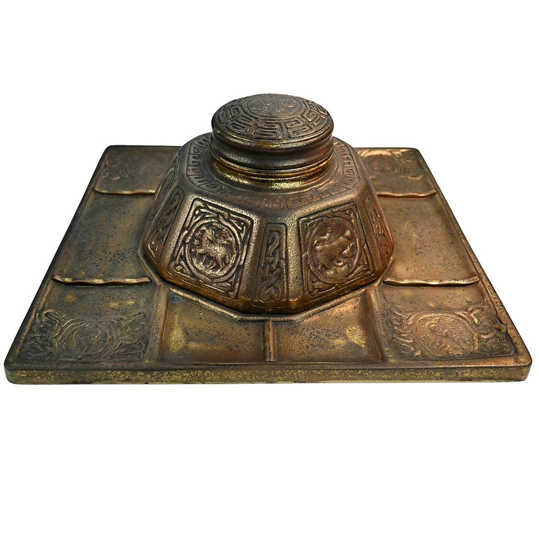 Tiffany Studios Zodiac Bronze Ink Well with Gold Dore Finish: Tiffany Studios Zodiac Bronze Ink Well with Gold Dore Finish Experience the elegance of the Tiffany Studios New York Large Zodiac Bronze Ink Well, crafted circa 1922. This exquisite piece features a b